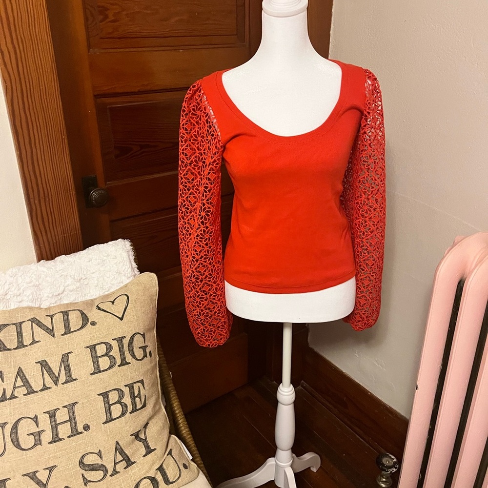Mauve Vibrant Red Lace Sleeve Blouse